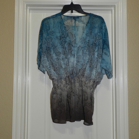 Animal Print Peplum Top Semi Sheer Blue Brown - Picture 4 of 9
